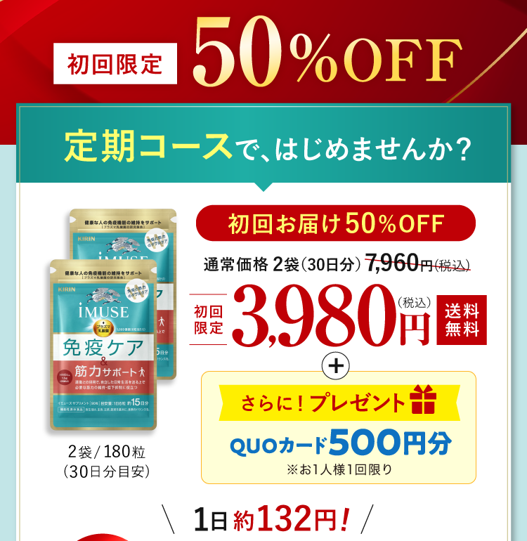 定期初回50OFF 定期コースで、はじめませんか？ 初回限定50%OFF 3,980円（税込）送料無料 QUOカード500円分プレゼント