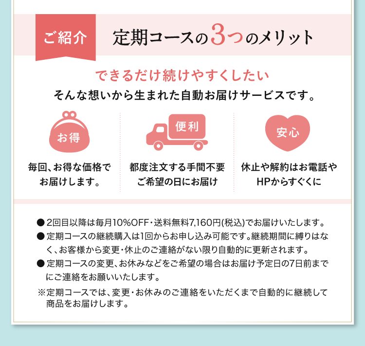 ご紹介 定期コースの３つのメリット「お得」「便利」「安心」