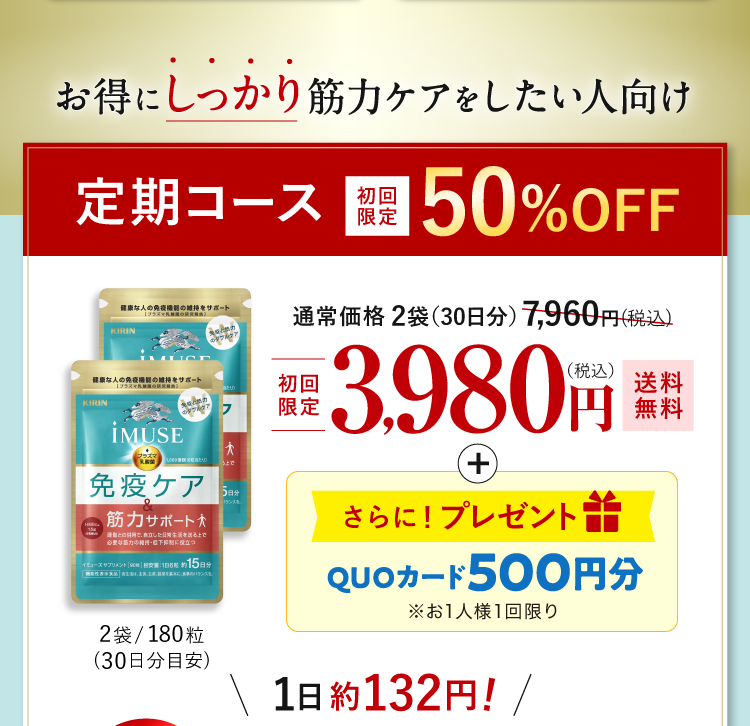 お得にしっかり筋力ケアをしたい人向け 定期コース 初回限定50%OFF 3,980円（税込）送料無料 QUOカード500円分プレゼント