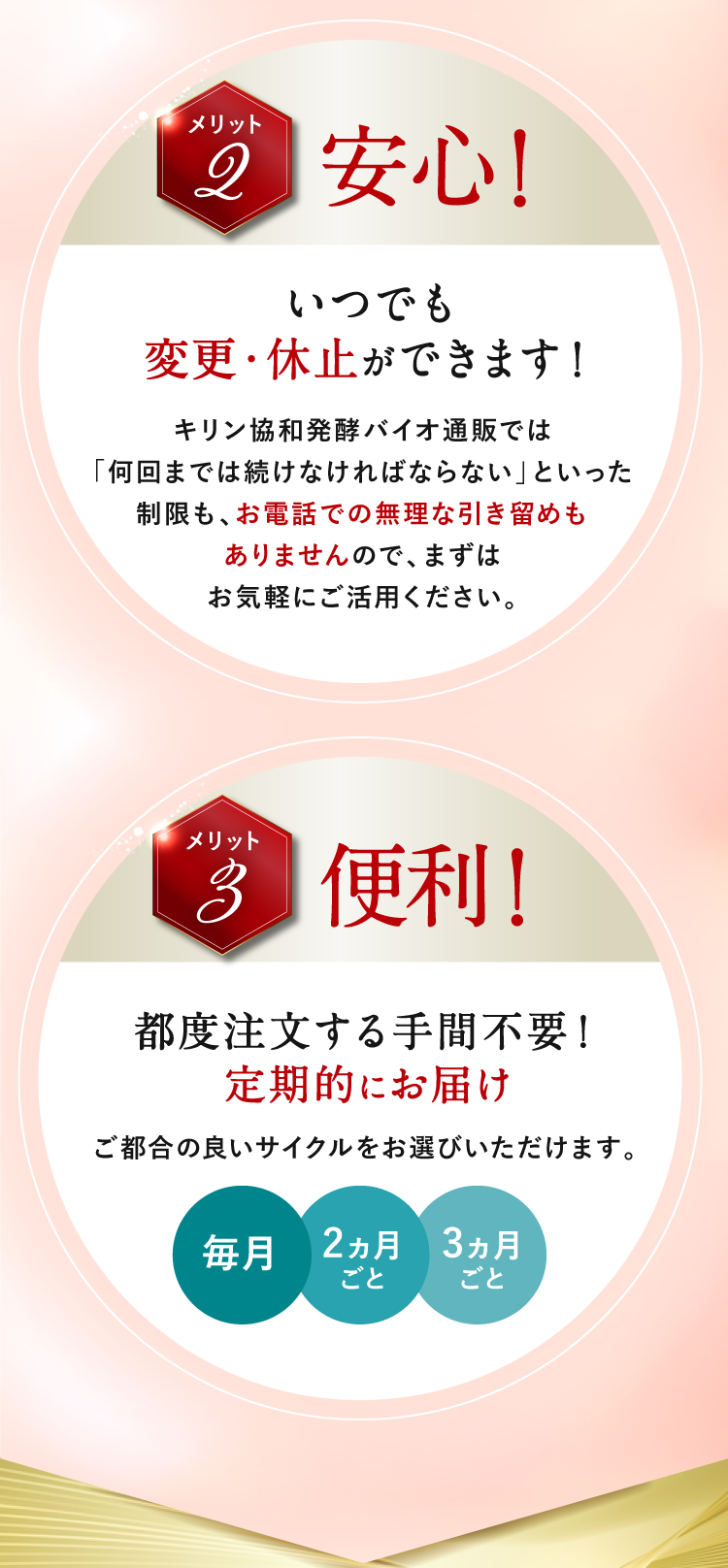 [メリット2] 安心! いつでも変更・休止ができます! [メリット3] 便利! 都度注文する手間不要!定期的にお届け