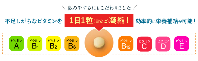 飲みやすさにもこだわりました 不足しがちなビタミンを1日1粒(目安に)凝縮！効率的に栄養補給が可能！