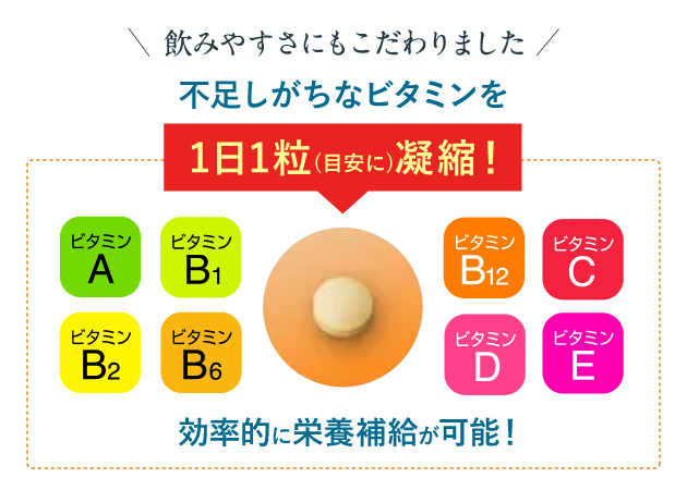 飲みやすさにもこだわりました 不足しがちなビタミンを1日1粒(目安に)凝縮！効率的に栄養補給が可能！