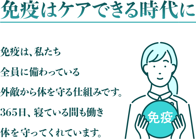 免疫はケアできる時代に 免疫は、私たち全員に備わっている外敵から体を守る仕組みです。365日、寝ている間も働き体を守ってくれています。