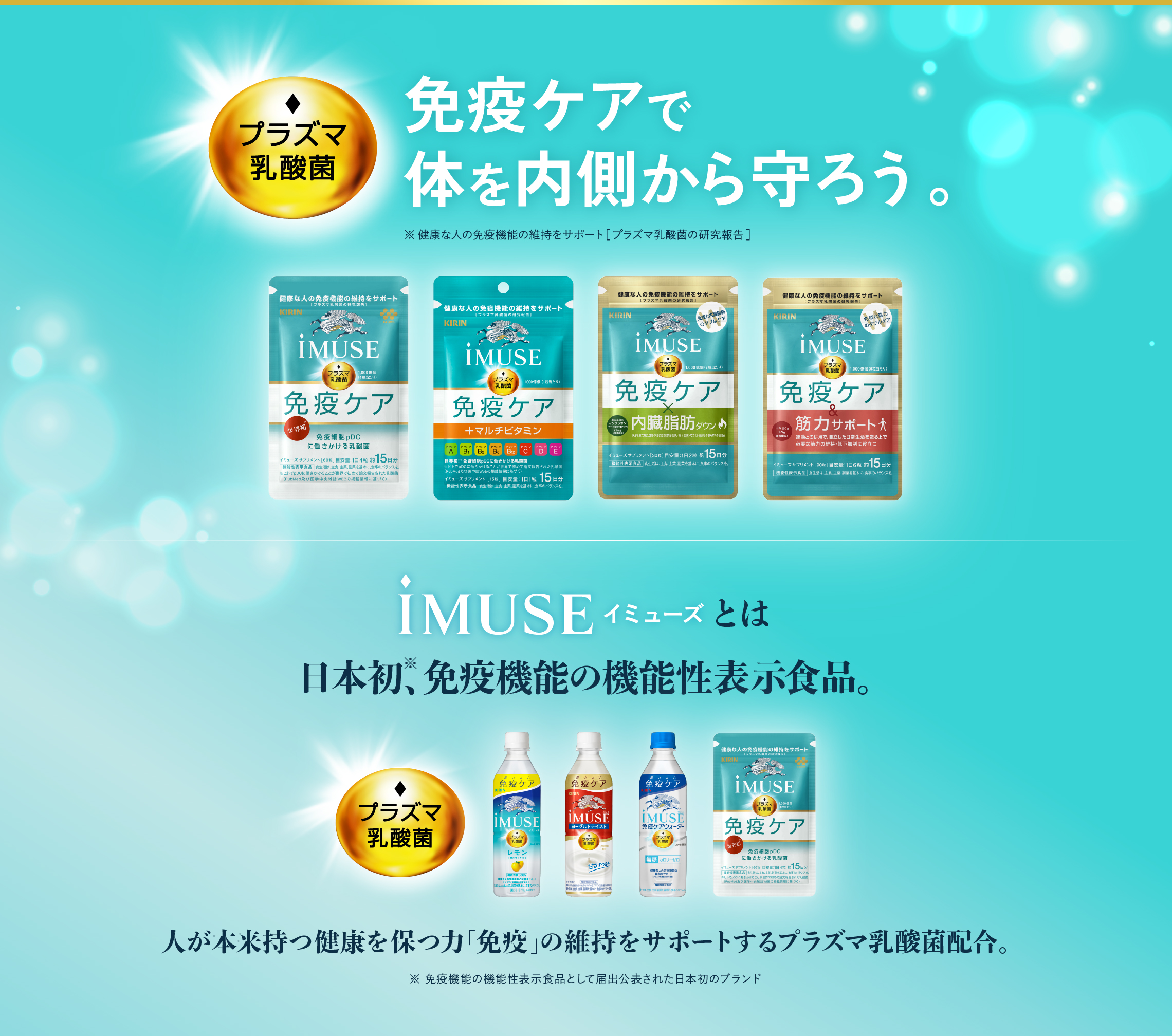 プラズマ乳酸菌　免疫ケアで身体を内側から守ろう。　iMUSEとは日本初、免疫機能の機能性表示食品。人が本来持つ健康を保つ力「免疫」の維持をサポートするプラズマ乳酸菌配合。