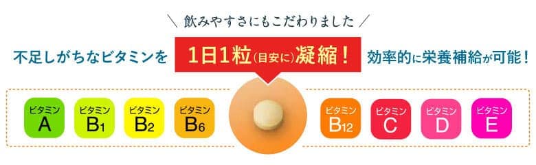 飲みやすさにもこだわりました 不足しがちなビタミンを1日1粒(目安に)凝縮！効率的に栄養補給が可能！