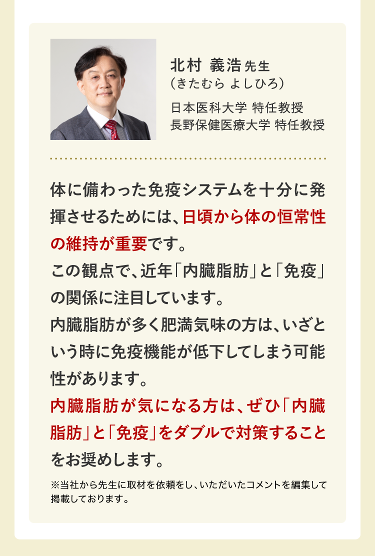 北村 義浩先生　日本医科大学 特任教授　長野保健医療大学 特任教授　体に備わった免疫システムを十分に発揮させるためには、日頃から体の恒常性の維持が重要です。この観点で、近年「内臓脂肪」と「免疫」の関係に注目しています。内臓脂肪が多く肥満気味の方は、いざという時に免疫機能が低下してしまう可能性があります。内臓脂肪が気になる方は、ぜひ「内臓脂肪」と「免疫」をダブルで対策することをお奨めします。