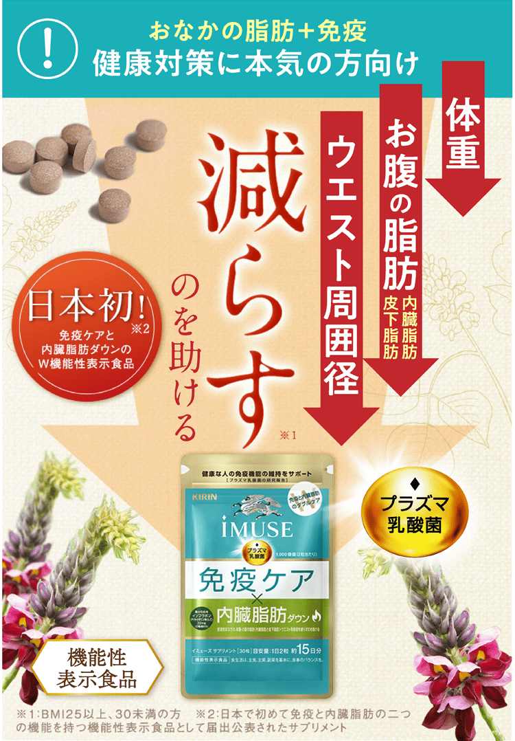 体重 お腹の脂肪 ウエスト周囲径 減らすのを助ける iMUSE 免疫ケア 内臓脂肪ダウン プラズマ乳酸菌