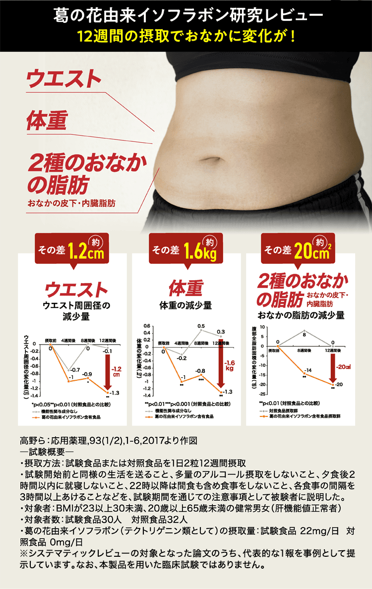 葛の花由来イソフラボンシステマティックレビュー 12週間の摂取でおなかに変化が！