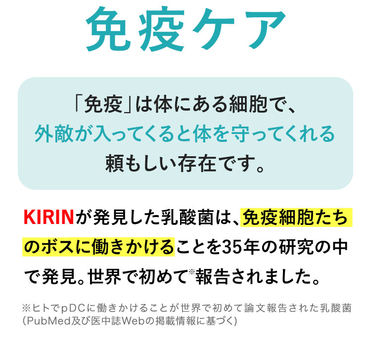 免疫ケア 「免疫」は体にある細胞で、外敵が入ってくると体を守ってくれる頼もしい存在です。 KIRINが発見した乳酸菌は、免疫細胞たちのボスに働きかけることが35年の研究の中で発見。世界で初めて報告されました。