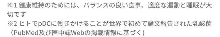 ※1 健康維持のためには、バランスの良い食事、適度な運動と睡眠が大切です ※2 ヒトでpDCに働きかけることが世界で初めて論文報告された乳酸菌（PubMed及び医中誌Webの掲載情報に基づく)