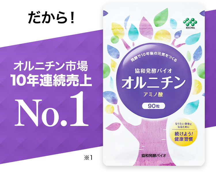 だから！オルニチン市場10年連続売上No.1※1 発酵で10年後の元気をつくる 協和バイオ オルニチン アミノ酸 90粒 なりたい身体になるために 続けよう!健康習慣